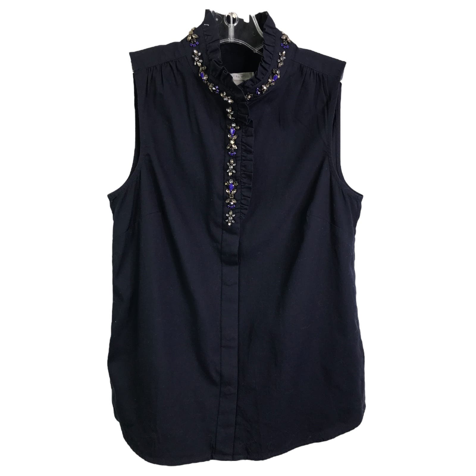 J. Crew Women's Blouse Rhinestone Sleeveless Navy Blue Ruffle Top Cotton Sz 0